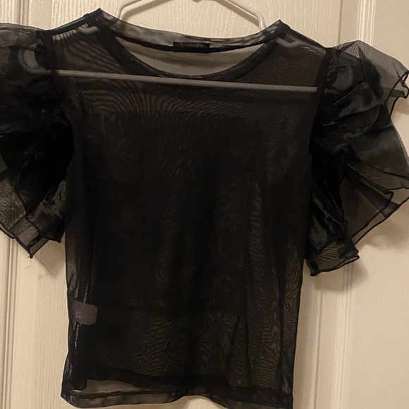 Occasion Black Sheer Ruffle Sleeve Graphic Top - Picture 6 of 6